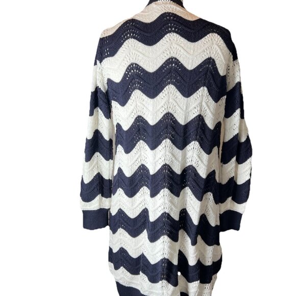 Cozy Crochet Open Long Cardigan Navy And White Women’s Medium Retro Boho - Picture 3 of 10